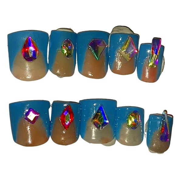 Blue French Press on Nails with Rinestones Top Coat - Picture 3 of 3